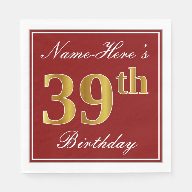 Serviette En Papier Elégant Rouge, Faux Gold 39e Anniversaire + Nom pe (Devant)