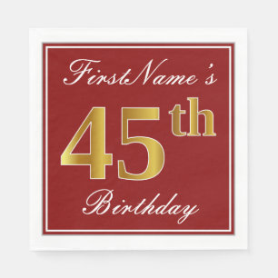 Serviette En Papier Elégant Rouge, Faux Gold 45e Anniversaire + Nom pe