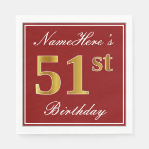 Serviette En Papier Elégant Rouge, Faux Gold 51ème Anniversaire + Nom