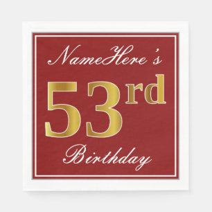 Serviette En Papier Elégant Rouge, Faux Gold 53ème Anniversaire + Nom 