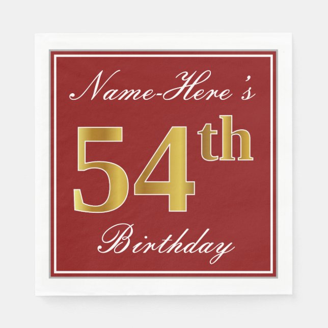 Serviette En Papier Elégant Rouge, Faux Gold 54ème Anniversaire + Nom  (Devant)