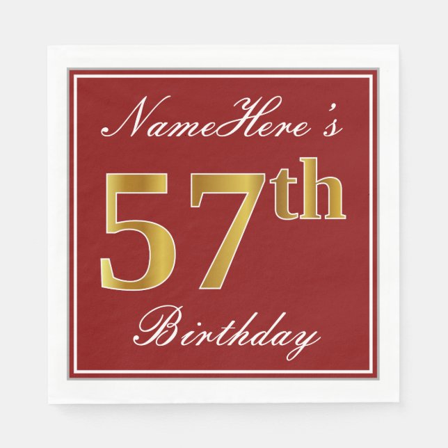 Serviette En Papier Elégant Rouge, Faux Gold 57ème Anniversaire + Nom  (Devant)