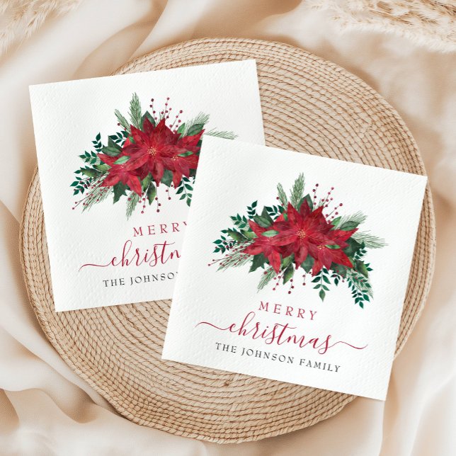 Serviette En Papier Élégant Rouge Poinsettia Floral Script Noël (Elegant Red Poinsettia Floral Script Christmas Napkins)