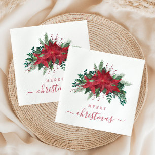 Serviette En Papier Élégant Rouge Poinsettia Floral Script Noël