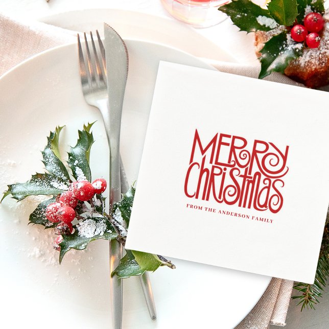 Serviette En Papier Élégant Rouge Script Joyeux Noël Personnalisé (Créateur téléchargé)