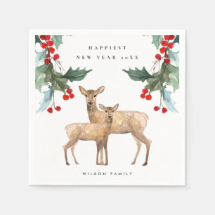 SERVIETTE EN PAPIER ÉLÉGANT ROUGE VERT HOLLY BERRY DEER DUO NOUVEL AN