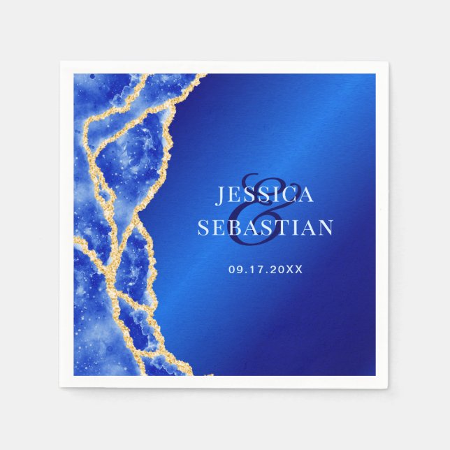 Serviette En Papier Elégant Royal Blue et Gold Agate Mariage (Devant)