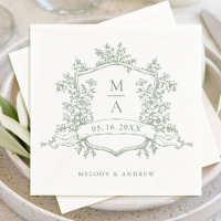 Élégant Sage Green Crest Floral Monogrammes Mariag