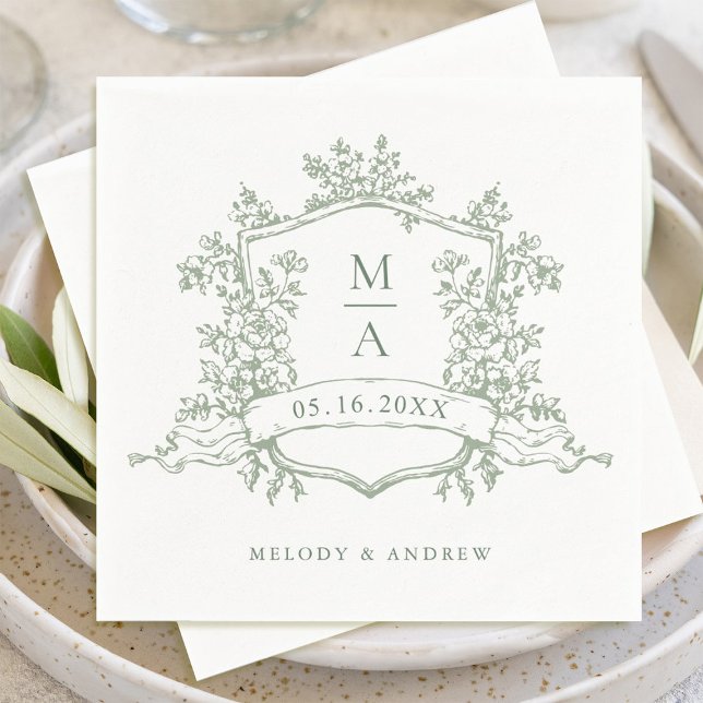 Serviette En Papier Élégant Sage Green Crest Floral Monogrammes Mariag (Créateur téléchargé)