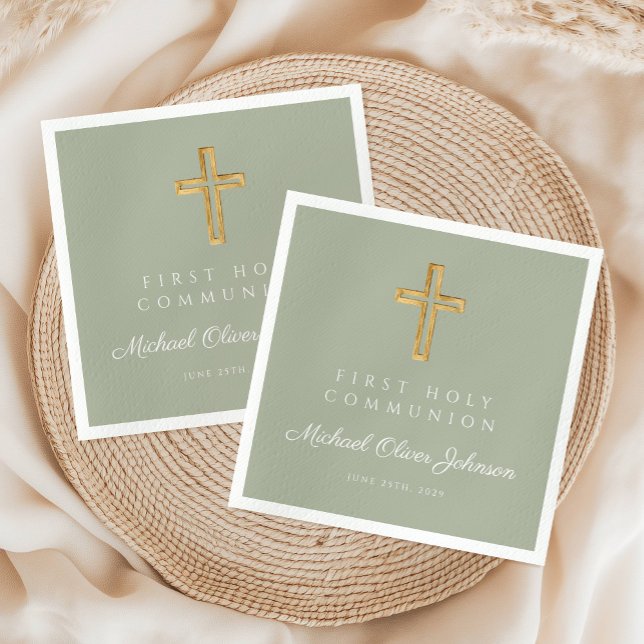 Serviette En Papier Elégant Sage Green Cross Religieux Première Commun (Elegant Sage Green Cross Religious First Communion Napkins)