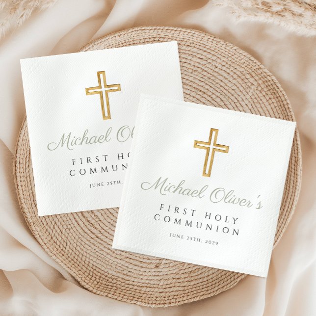 Serviette En Papier Élégant Sage Green Script Cross First Communion (Elegant Sage Green Script Cross First Communion Napkins)