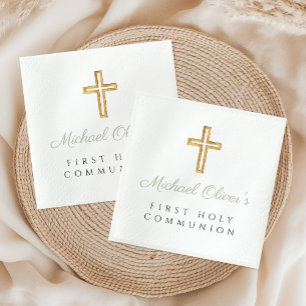 Serviette En Papier Élégant Sage Green Script Cross First Communion