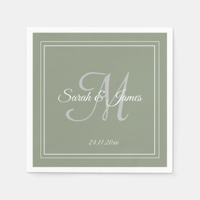 Serviette En Papier Elégant Sage Vert & Blanc Monogramme Mariage Papie (Devant)