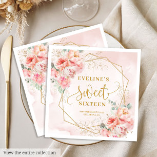 Serviette En Papier Élégant Sauge Rose Pâle et Fleurs Dorées pour Douz