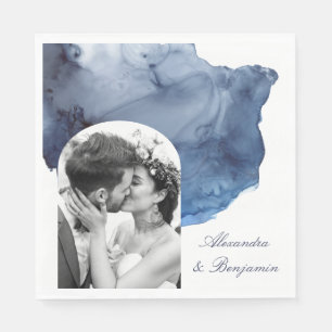Serviette En Papier Élégant Script bleu aquarelle Mariage photo