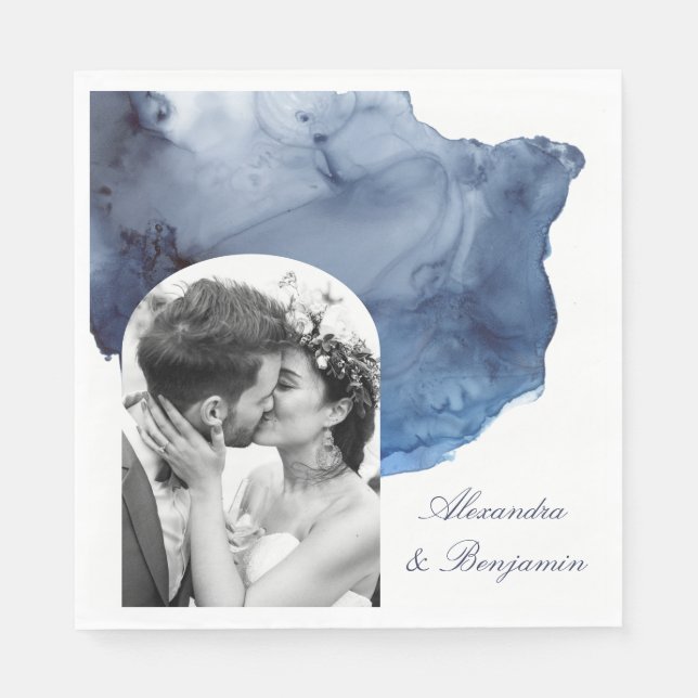 Serviette En Papier Élégant Script bleu aquarelle Mariage photo (Devant)