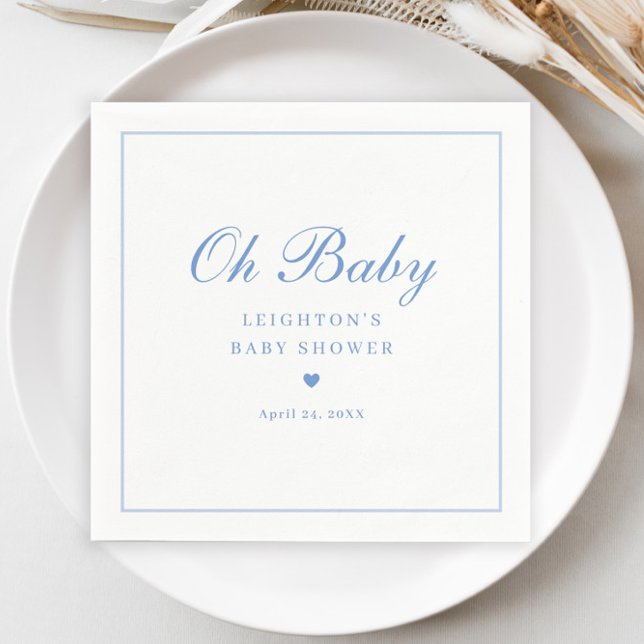 Serviette En Papier Élégant Script bleu Oh Baby shower (Elegant Blue Oh Baby Script Boys Baby Shower Napkins.)