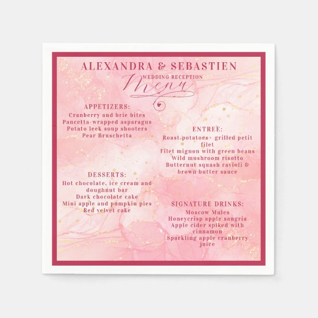 Serviette En Papier Élégant Script Burgundy Rose Gold Mariage Menu (Devant)
