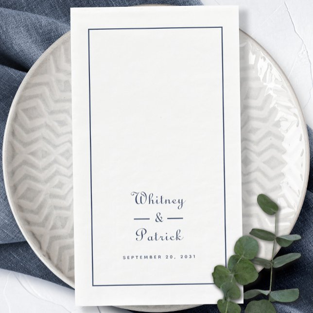 Serviette En Papier Élégant script de mariage Minimaliste Marine Bleu  (Elegant Wedding Script Minimalist Navy Blue Dinner Paper Guest Towels)