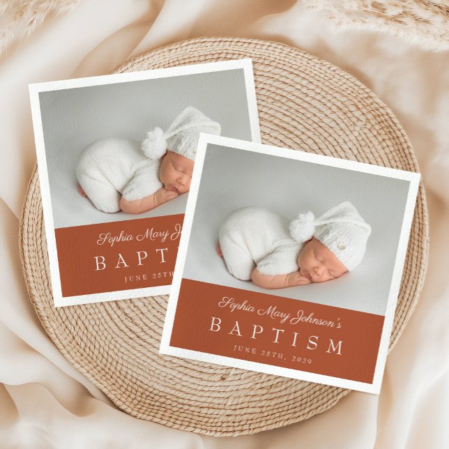 Serviette En Papier Élégant Script en Terracotta Photo Baptême (Elegant Terracotta Script Photo Baptism Napkins)