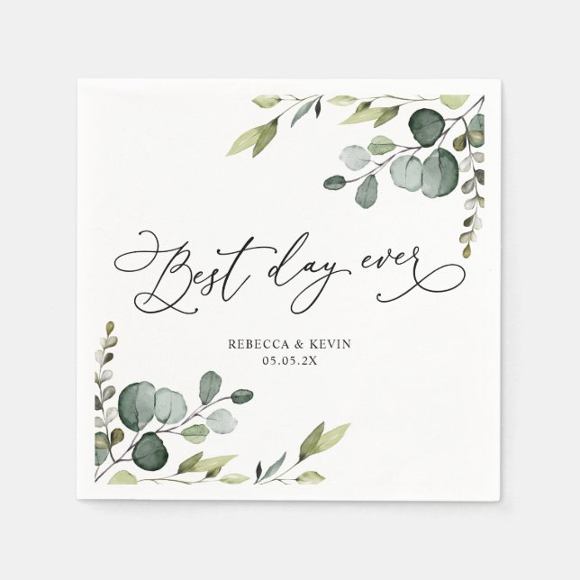 Serviette En Papier Élégant Script Eucalyptus Vert papier Mariage (Devant)