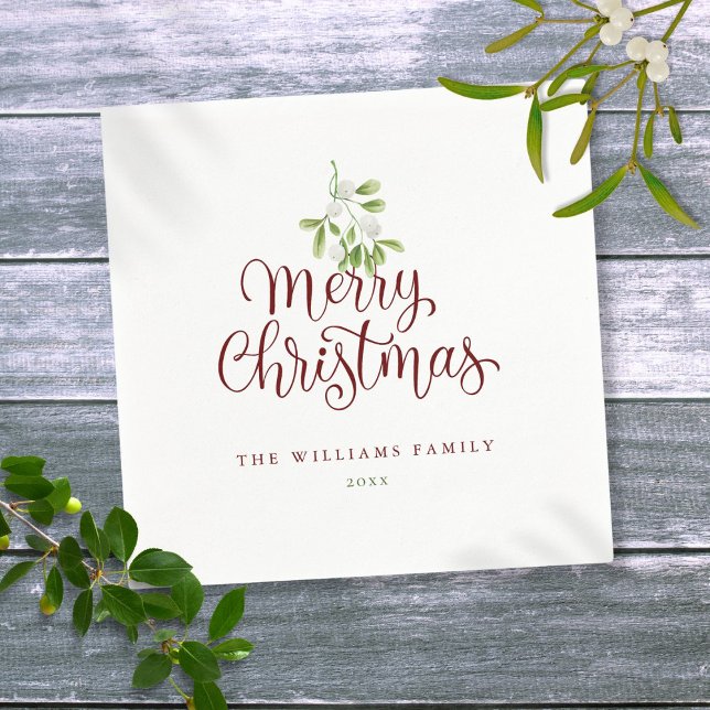Serviette En Papier Élégant Script Joyeux Noël Mistletoe Holiday (Elegant Script Merry Christmas Mistletoe Holiday Napkins)
