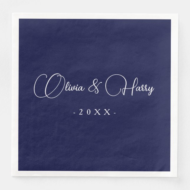 Serviette En Papier Élégant Script Marine Livre Mariage blanc Napkin (Devant)