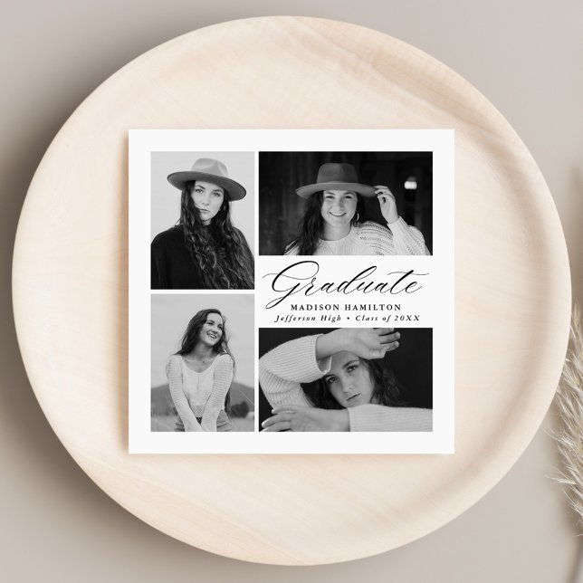 Serviette En Papier Élégant script noir 4 photo Graduation (Créateur téléchargé)