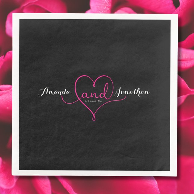 Serviette En Papier Élégant Script noir avec Mariage de coeur rose (Créateur téléchargé)