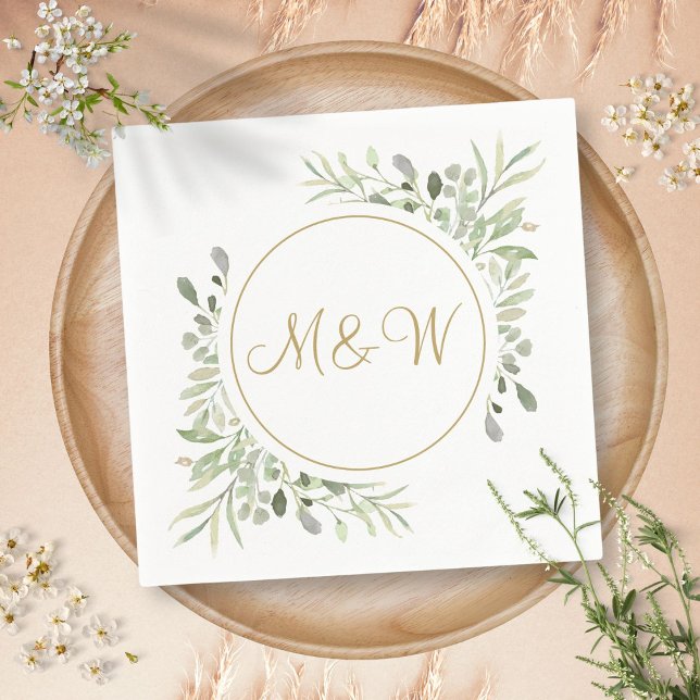 Serviette En Papier Élégant script or Monogramme Initiales Verdure (Elegant Gold Script Monogram Initials Greenery Napkins)