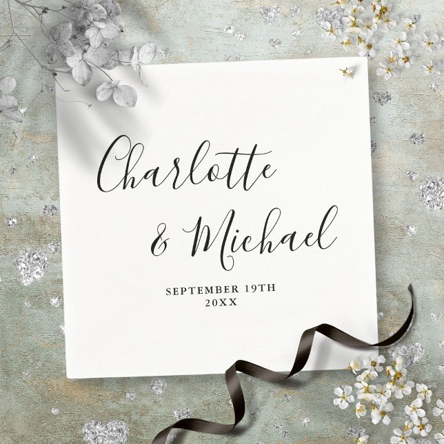 Serviette En Papier Élégant Script Signature Noir Et Blanc (Elegant Signature Script Black And White Napkins)