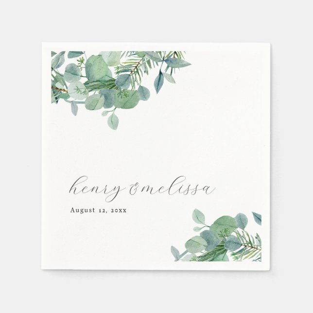 Serviette En Papier Élégant Script vert Feuille Eucalyptus Mariage (Devant)