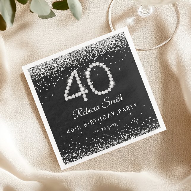 Serviette En Papier Elégant Silver Diamonds 40e fête d'anniversaire (Créateur téléchargé)
