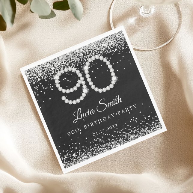 Serviette En Papier Elegant Silver Diamonds 90th Birthday Party  (Diamonds 90th Birthday Table Napkin)