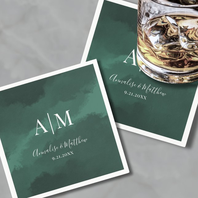 Serviette En Papier Élégant Simple Monogramme Noms Mariage vert (Elegant Simple Monogram Names Green Wedding Napkins)