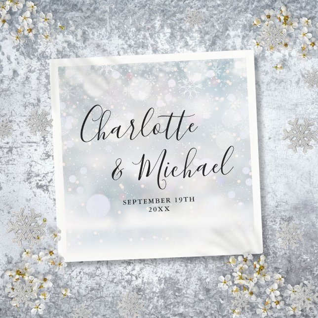 Serviette En Papier Élégant Snowflakes d'hiver Signature Script (Elegant Winter Snowflakes Signature Script Napkins)
