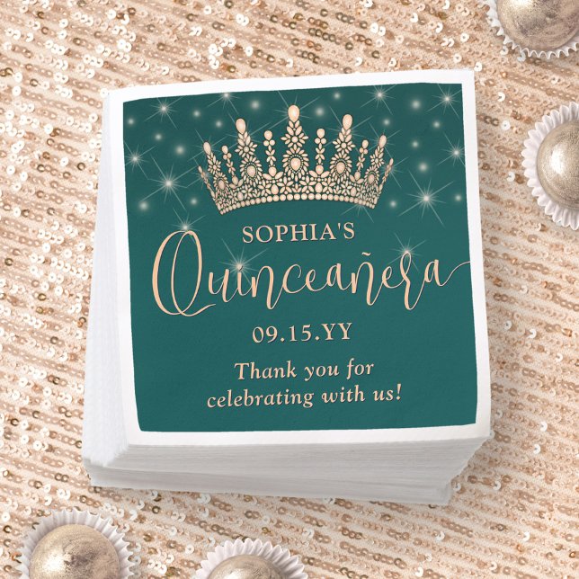 Serviette En Papier Elegant Sparkles Rose Gold Quinceañera Crown Green (Créateur téléchargé)