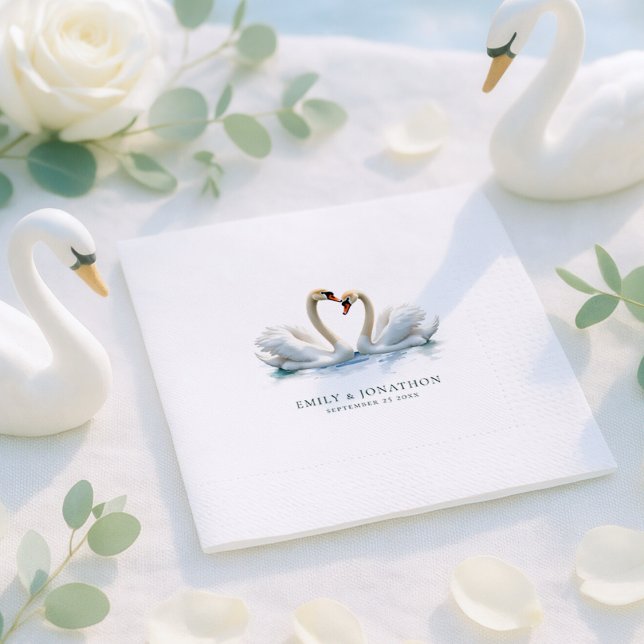 Serviette En Papier Elegant Swans Names Date Wedding (Créateur téléchargé)