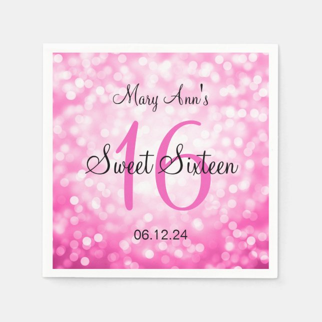 Serviette En Papier Élégant Sweet 16 Lumières Parties scintillant rose (Devant)