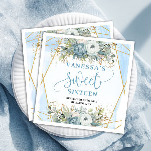 Serviette En Papier Élégant Sweet Seize Cadre Floral Bleu Doré 