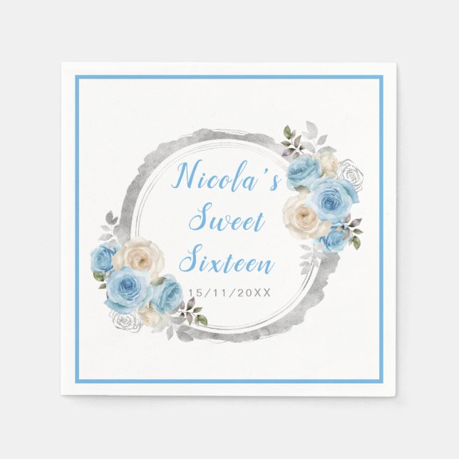 Serviette En Papier Elégant Sweet sixteen aux fleurs bleu foncé (Devant)