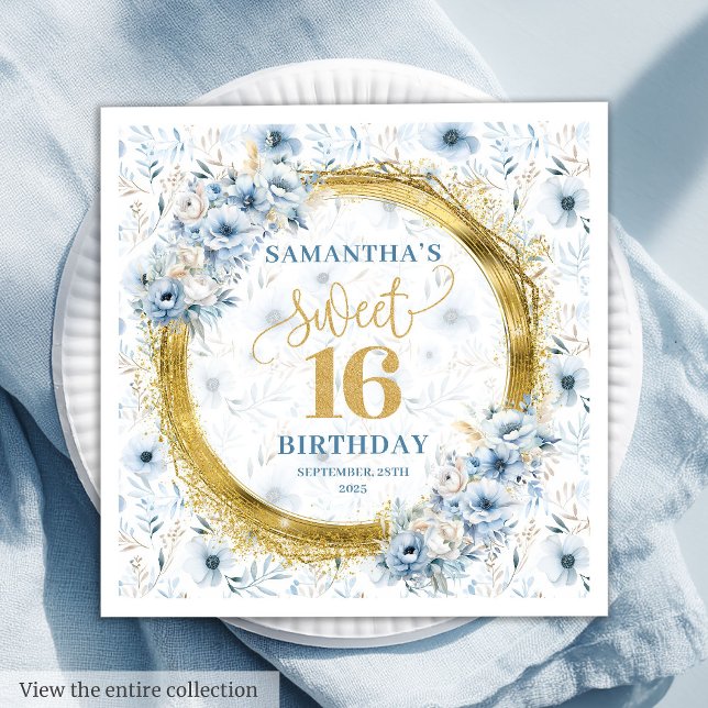 Serviette En Papier Elégant Sweet sixteen de Parties scintillant bleu  (Elegant Dusty Blue Gold Glitter Sweet Sixteen Napkins)