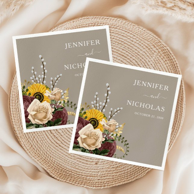 Serviette En Papier Élégant Taupe Mariage de tournesols (Elegant Taupe Sunflowers Wedding Napkins)