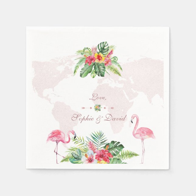 Serviette En Papier Élégant Tropical Floral Gold World Map Mariage (Devant)