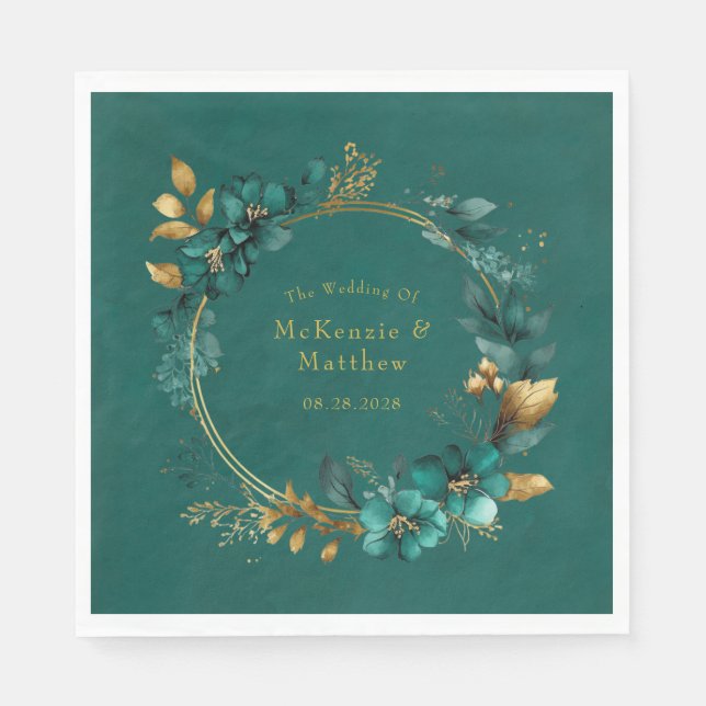 Serviette En Papier Elégant Turquoise et or Aquarelle Mariage floral (Devant)