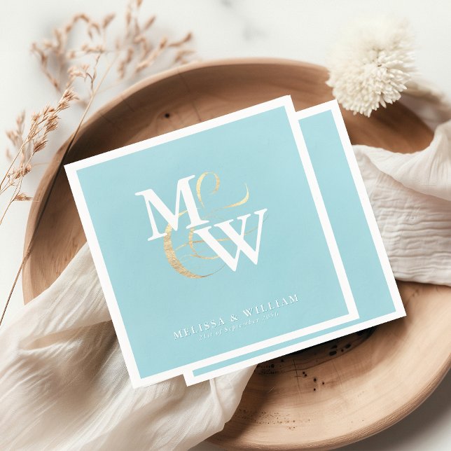 Serviette En Papier Elégant verre de mer Turquoise Mariage Monogramme (Créateur téléchargé)
