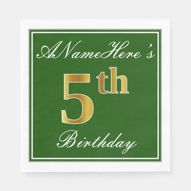 Serviette En Papier Elégant Vert, Faux Gold 5e anniversaire; Nom perso (Devant)