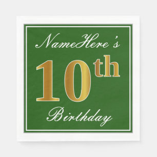 Serviette En Papier Elégant Vert, Faux Or 10ème Anniversaire + Nom