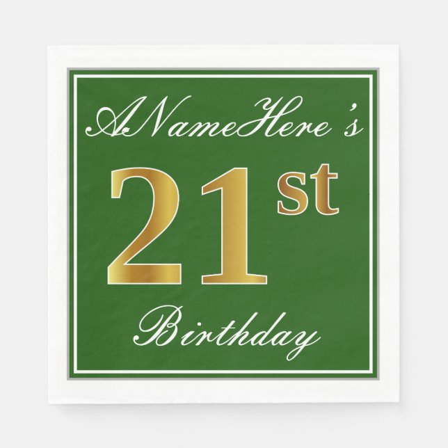 Serviette En Papier Elégant Vert, Faux Or 21ème Anniversaire + Nom (Devant)