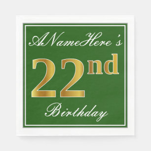 Serviette En Papier Elégant Vert, Faux Or 22ème Anniversaire + Nom